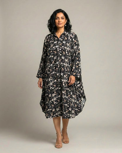 Reverie Midi Kaftan Cotton Dress – Black Print