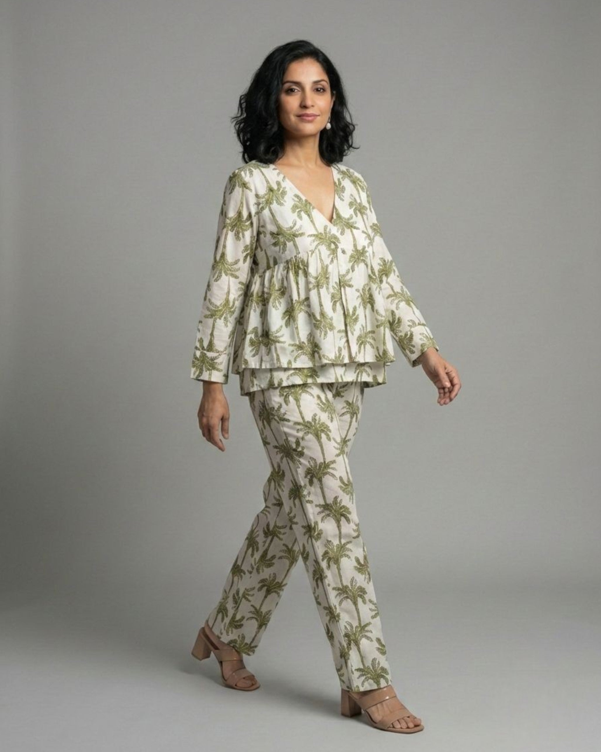 Tropical Short Front Slit Cotton Coord Set – White & Olive Print