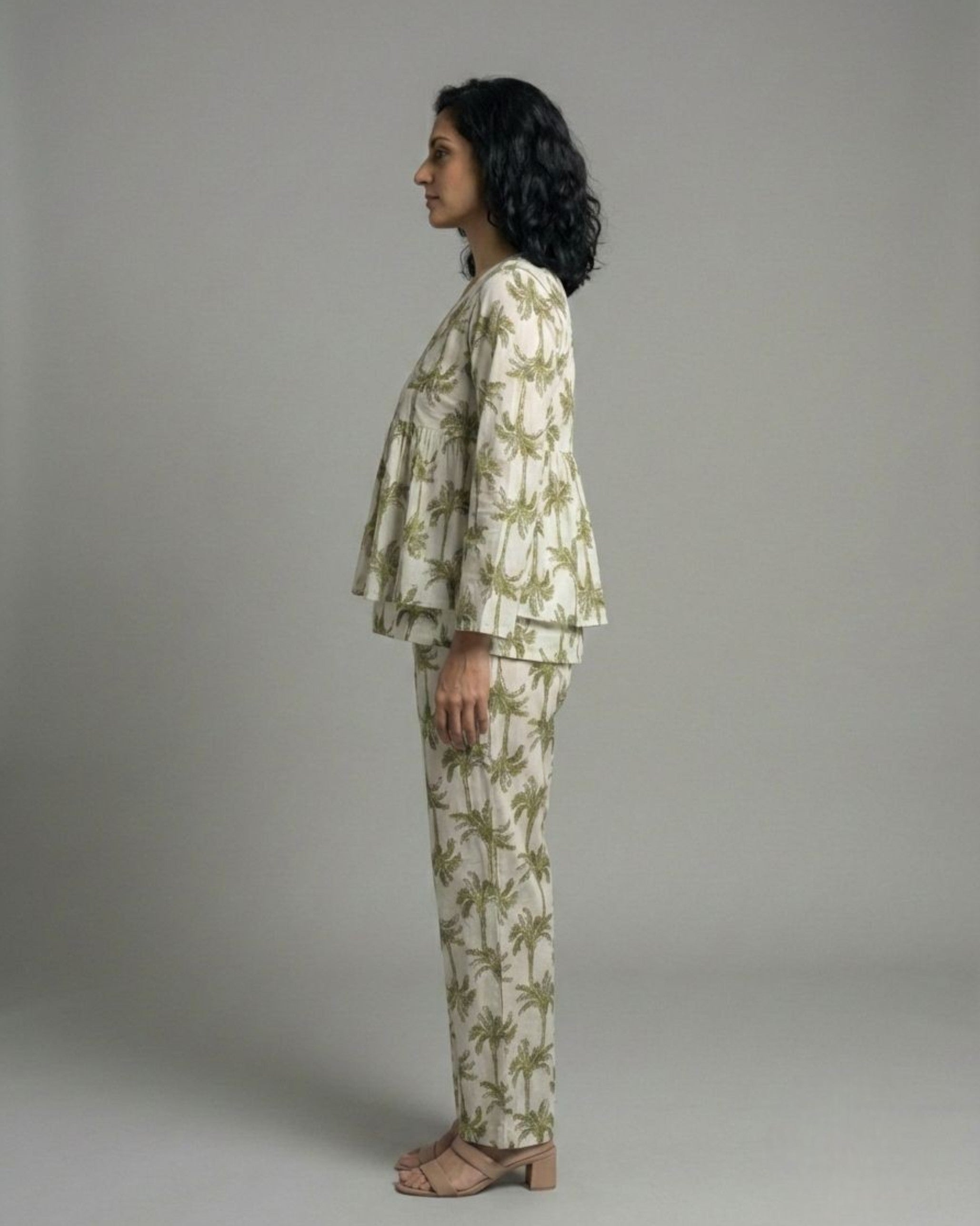 Tropical Short Front Slit Cotton Coord Set – White & Olive Print