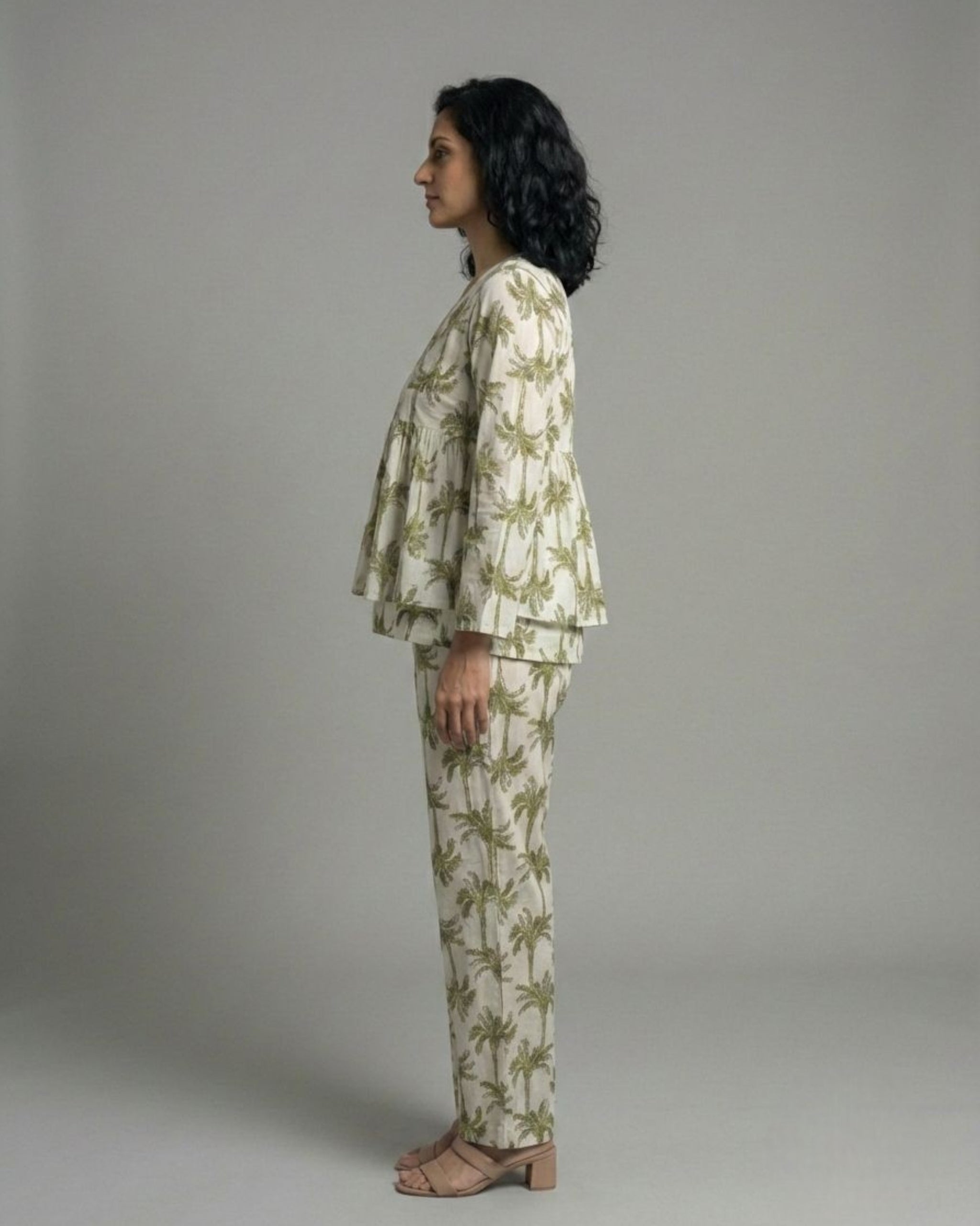 Tropical Short Front Slit Cotton Coord Set – White & Olive Print
