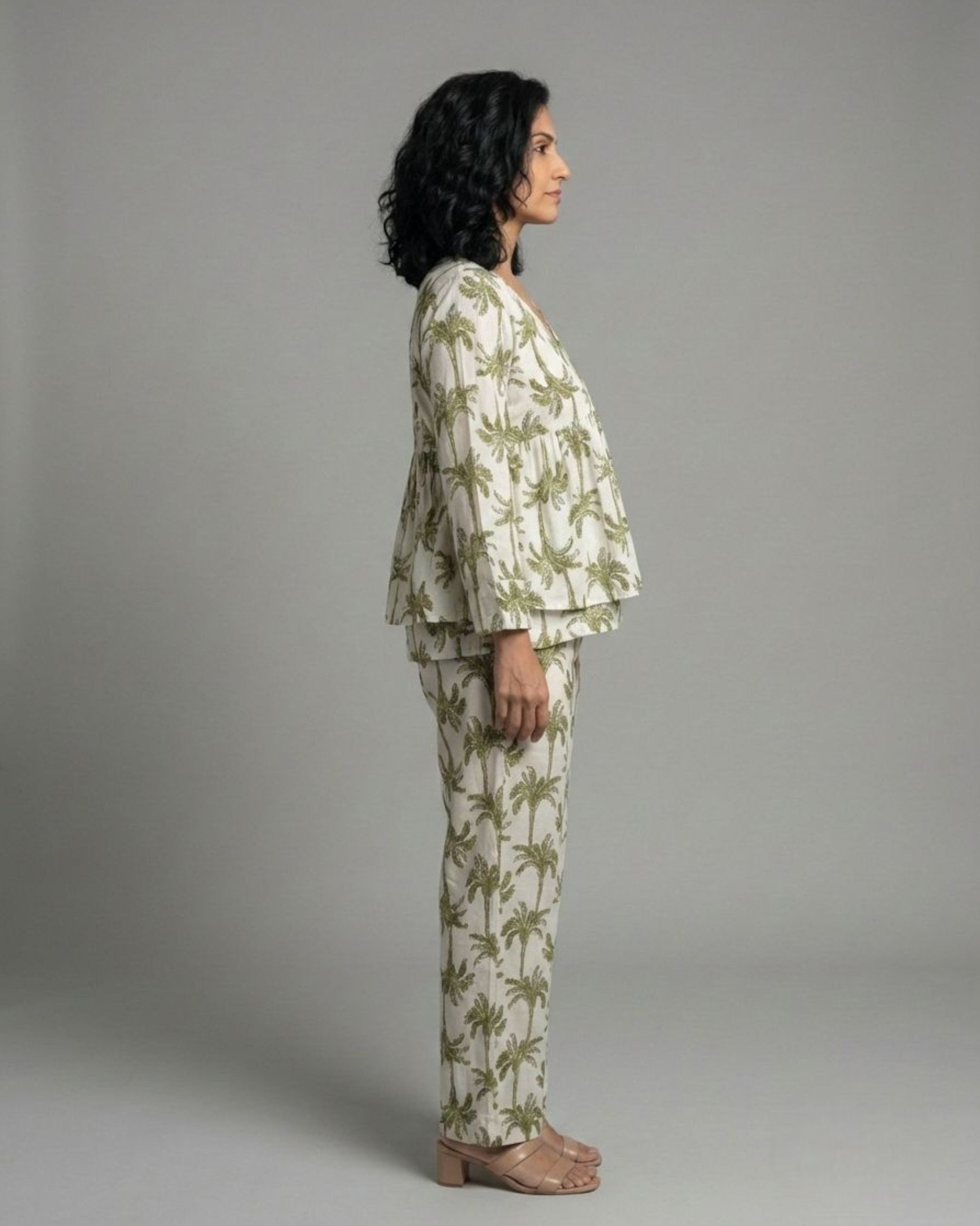 Tropical Short Front Slit Cotton Coord Set – White & Olive Print