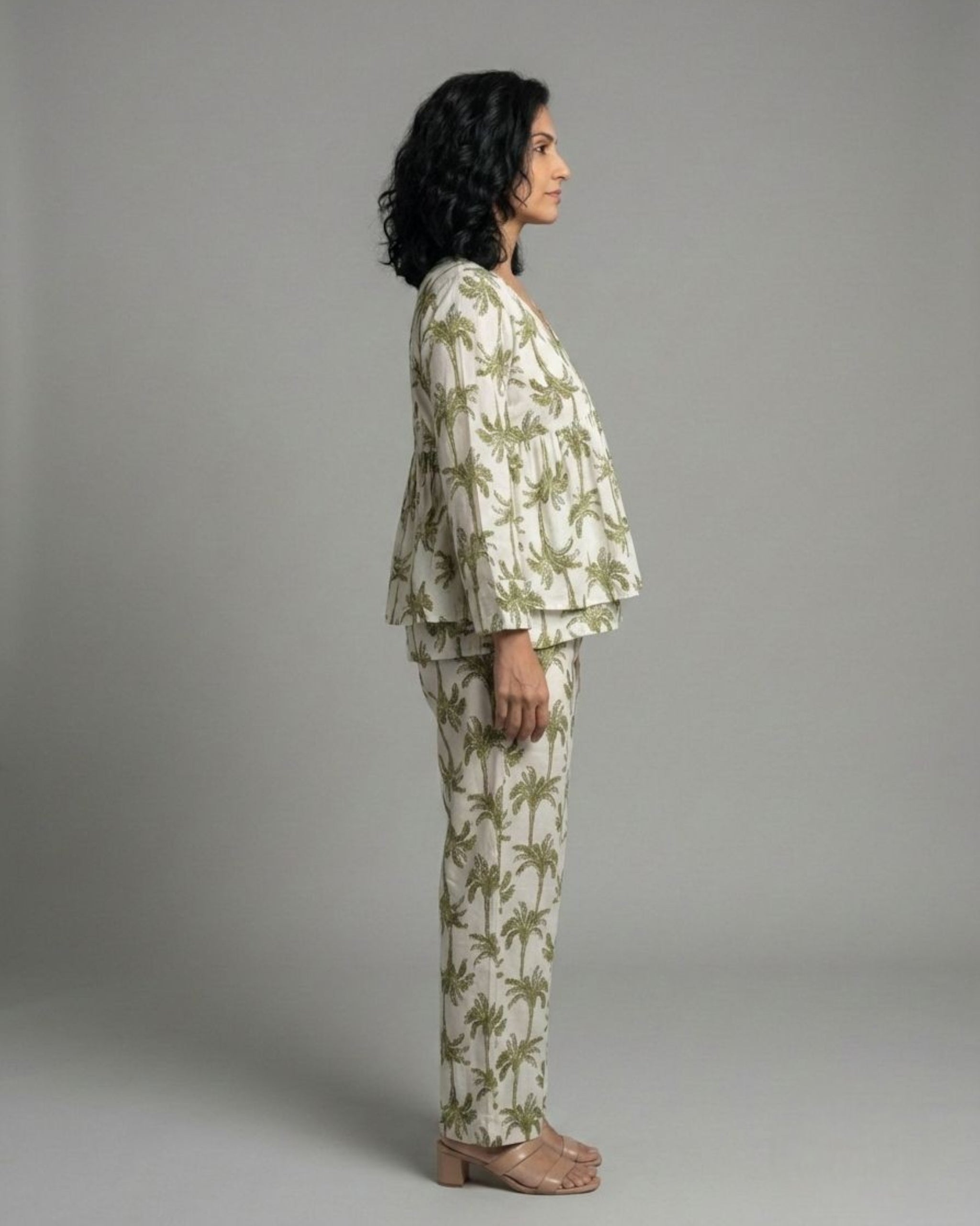 Tropical Short Front Slit Cotton Coord Set – White & Olive Print