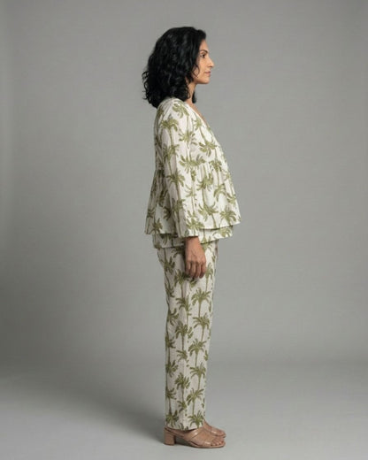 Tropical Short Front Slit Cotton Coord Set – White & Olive Print