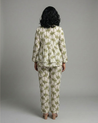 Tropical Short Front Slit Cotton Coord Set – White & Olive Print