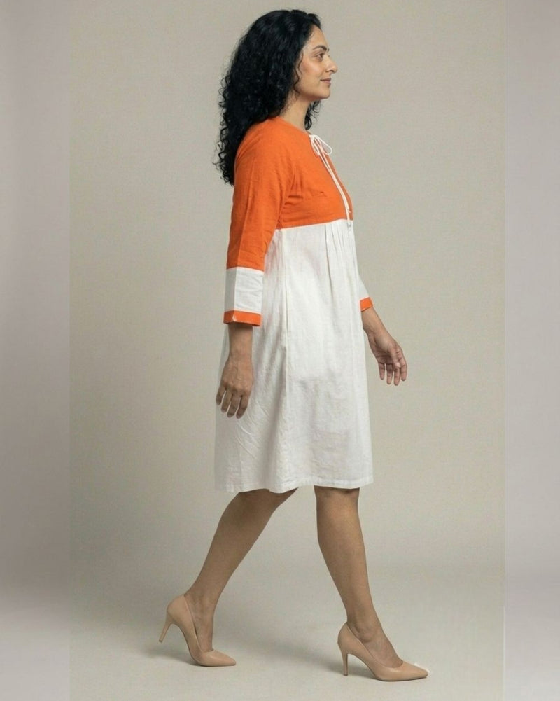 Rustline Colorblock Midi Flared Dress – White & Rust