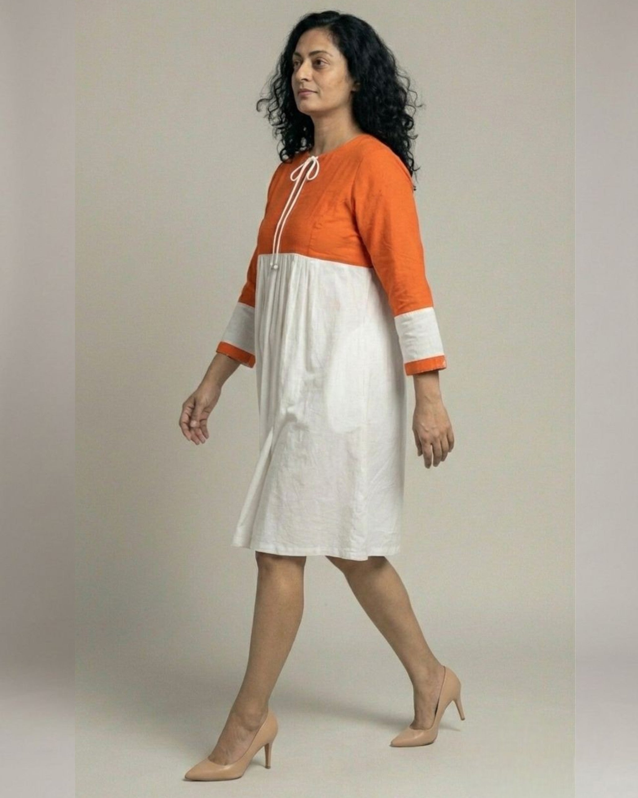 Rustline Colorblock Midi Flared Dress – White & Rust