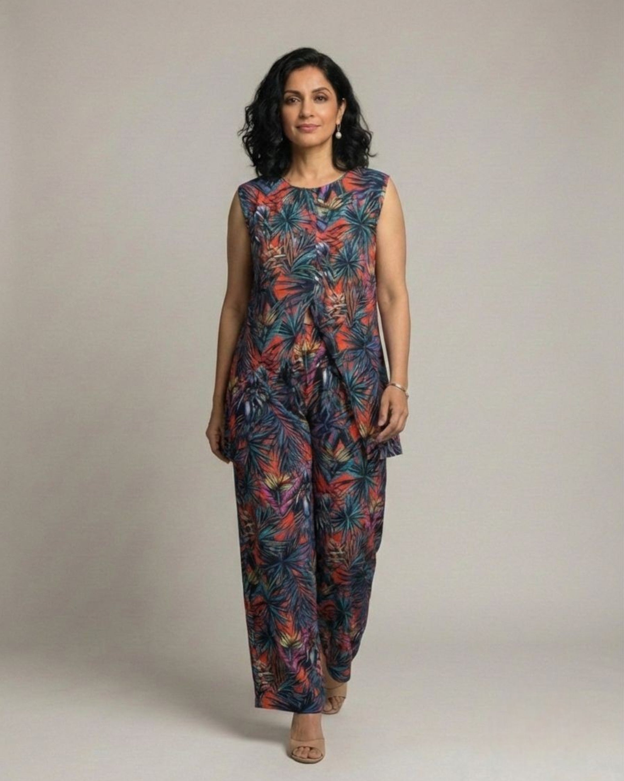 Sunset Short Front Slit Sleeveless Cotton Coord Set – Multicolor Print