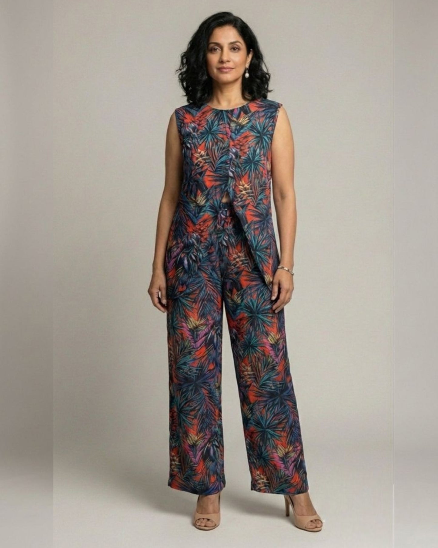 Sunset Short Front Slit Sleeveless Cotton Coord Set – Multicolor Print