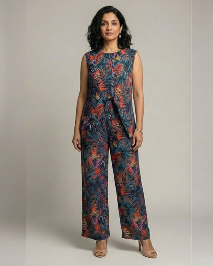 Sunset Short Front Slit Sleeveless Cotton Coord Set – Multicolor Print
