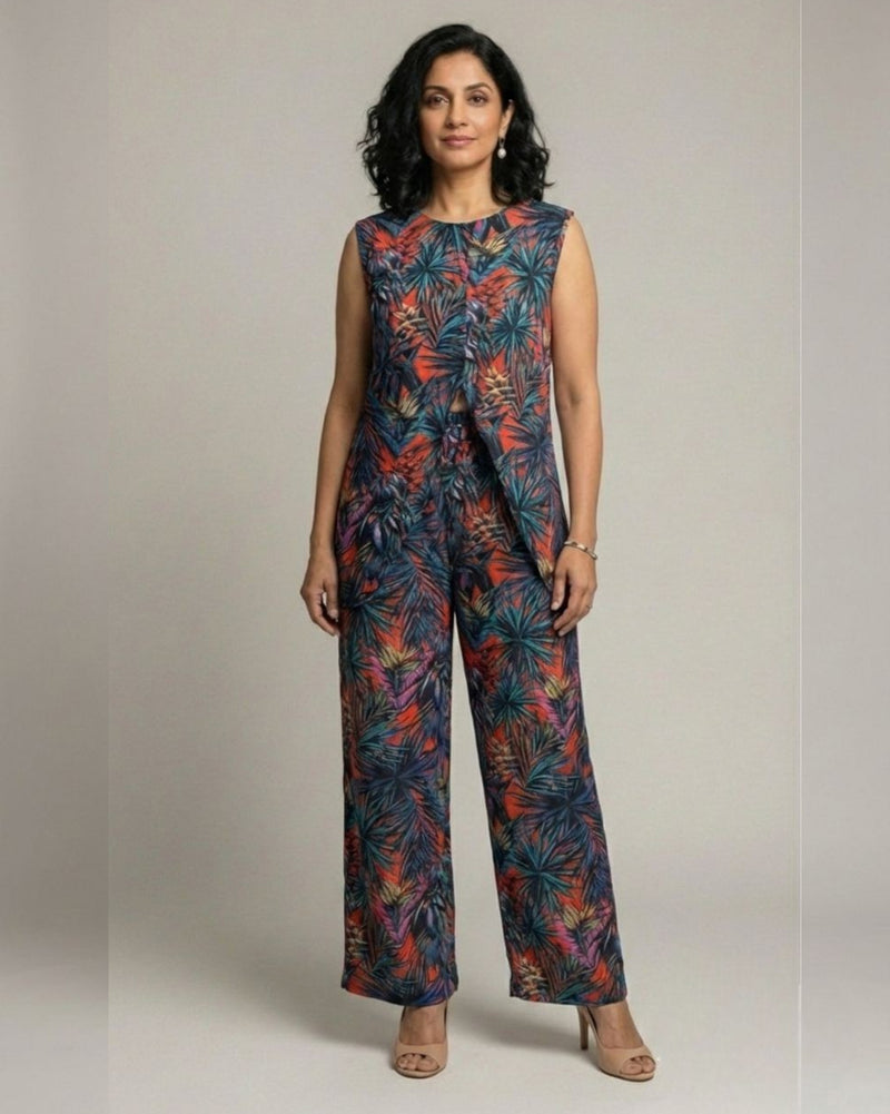 Sunset Short Front Slit Sleeveless Cotton Coord Set – Multicolor Print