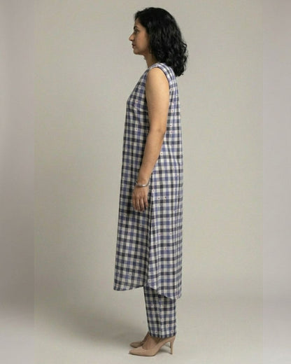 Gingham Long Sleeveless Cotton Kurta Set – Indigo Checks Print