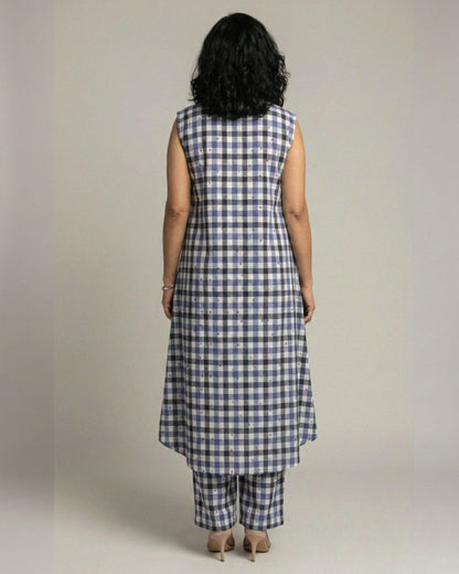 Gingham Long Sleeveless Cotton Kurta Set – Indigo Checks Print