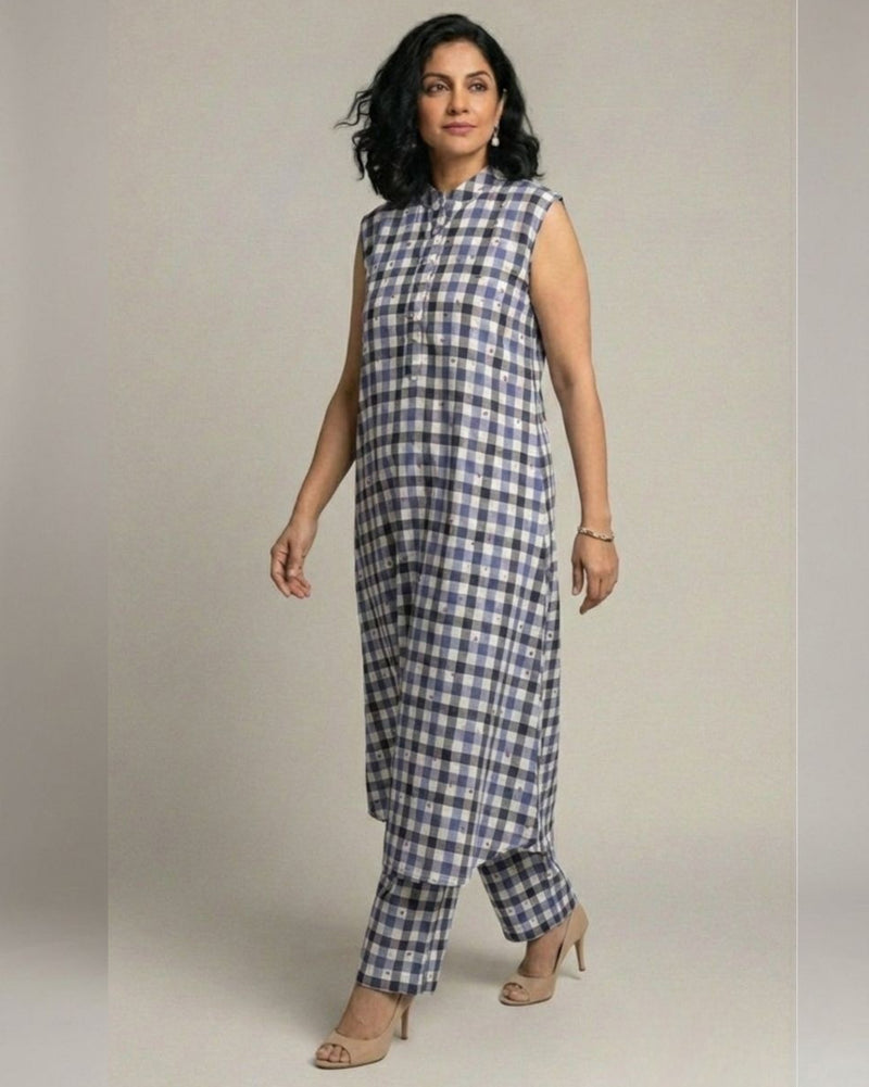 Gingham Long Sleeveless Cotton Kurta Set – Indigo Checks Print