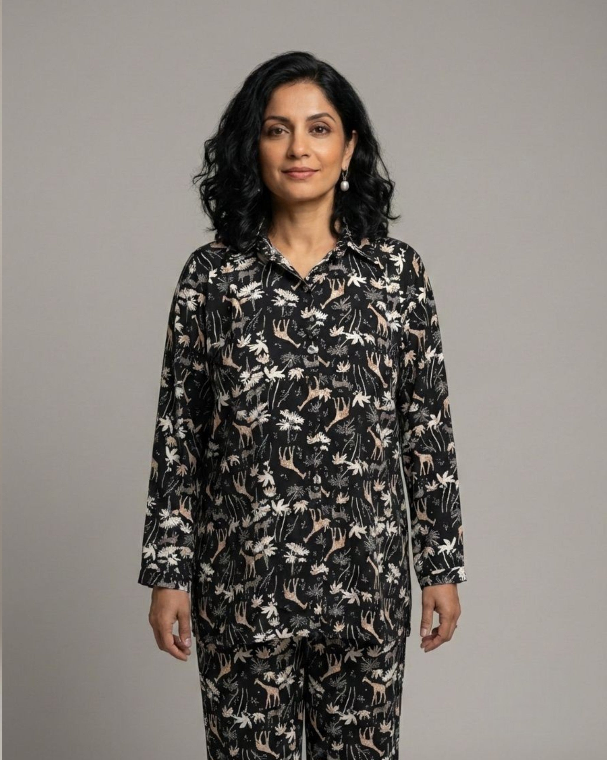 Reverie Short Shirt Cotton Coord Set - Black Print