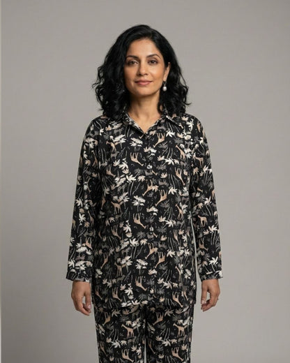 Reverie Short Shirt Cotton Coord Set - Black Print