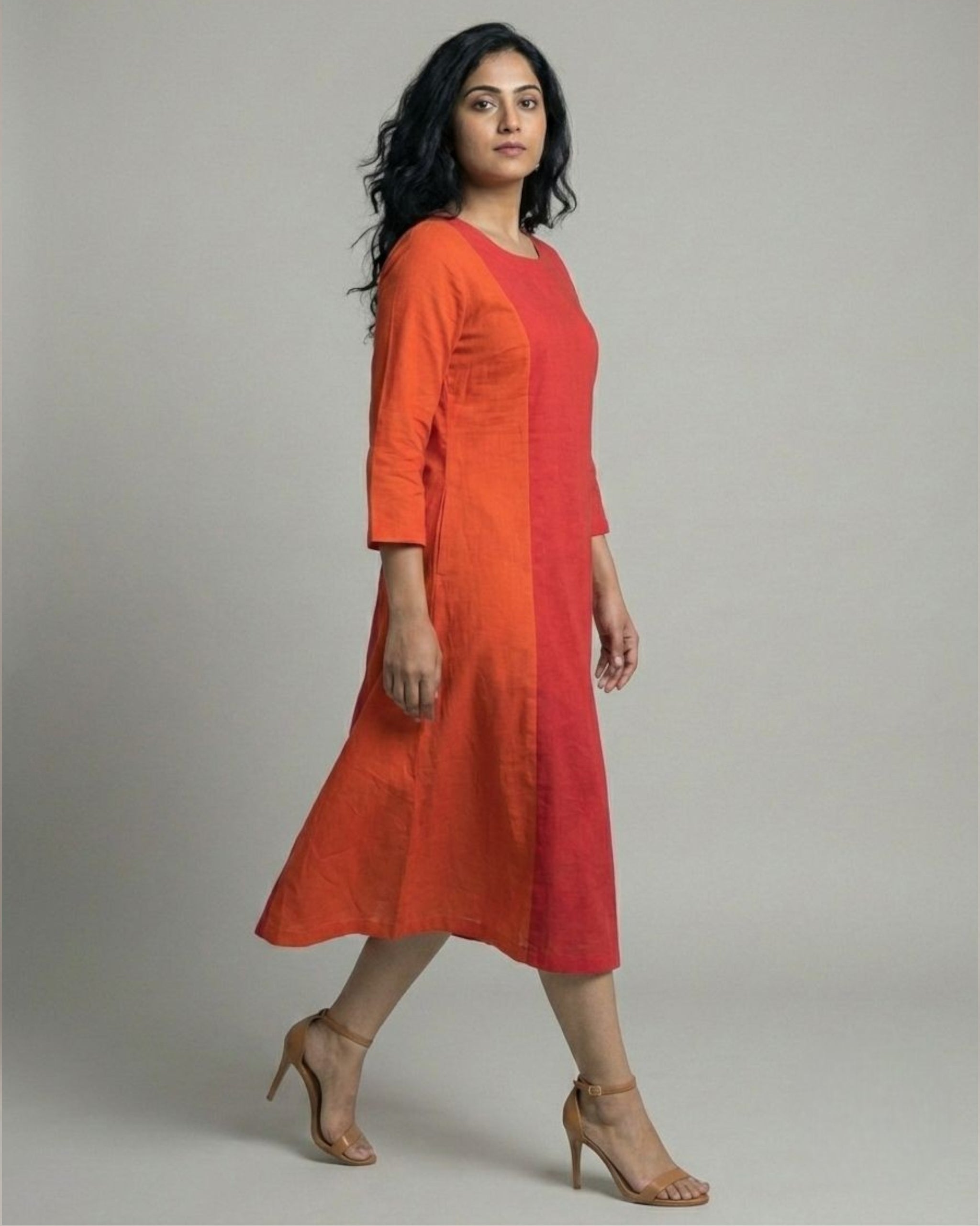 Terracotta ColorBlock Midi Flared Dress – Red & Rust