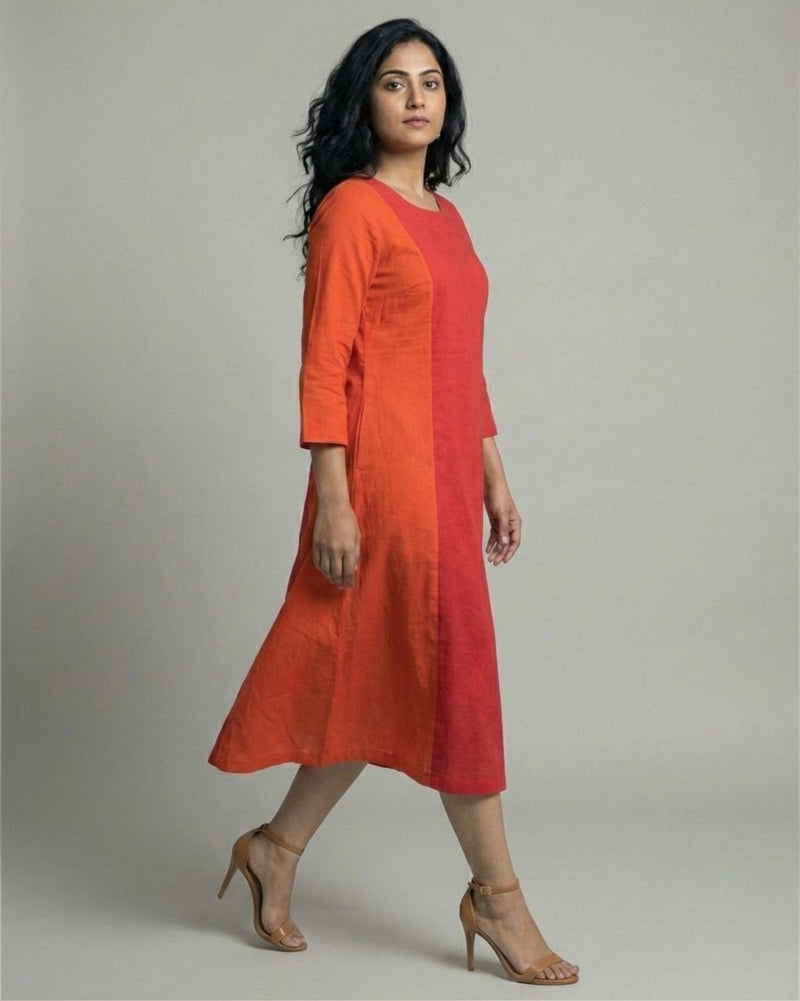 Terracotta ColorBlock Midi Flared Dress – Red & Rust