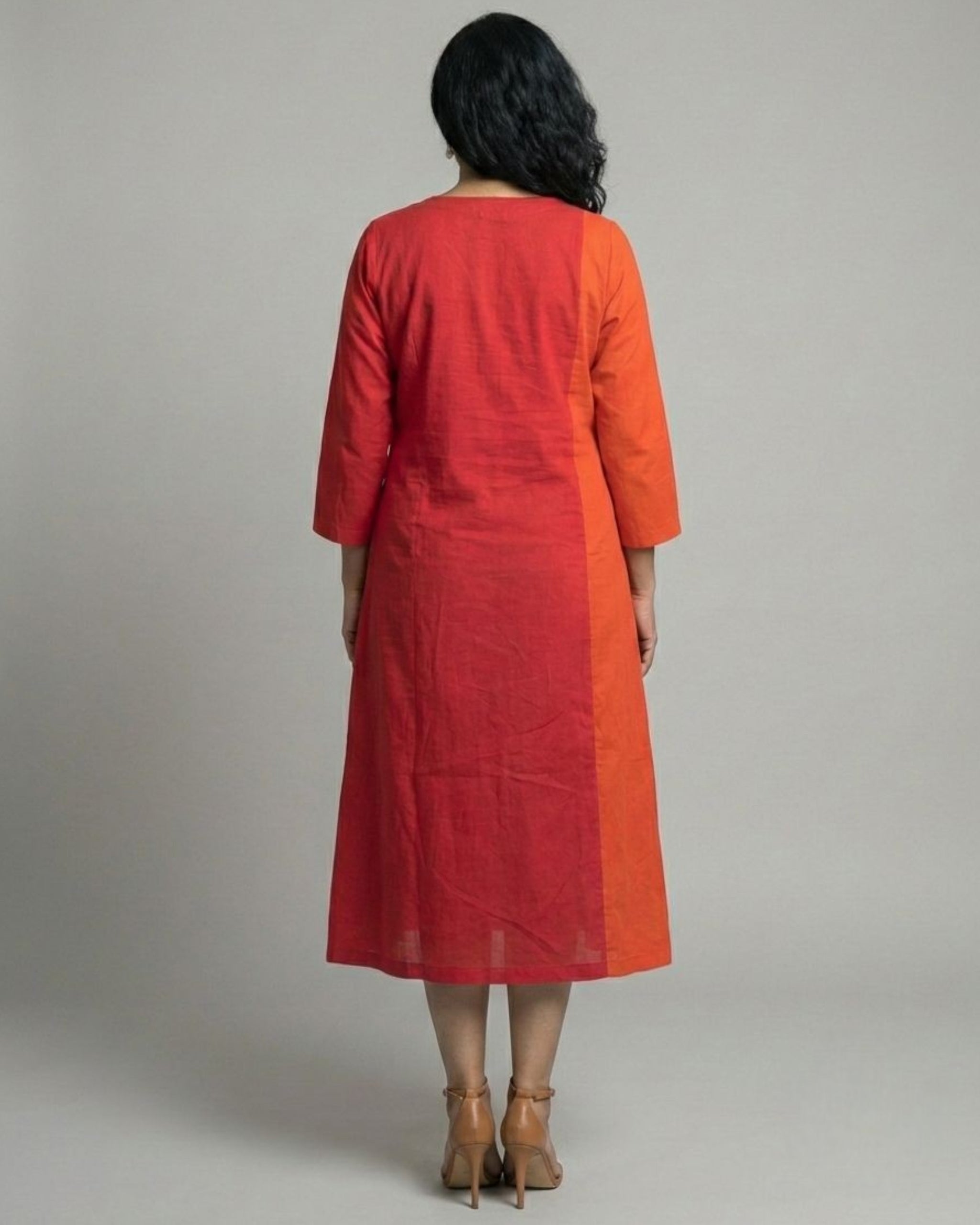 Terracotta ColorBlock Midi Flared Dress – Red & Rust