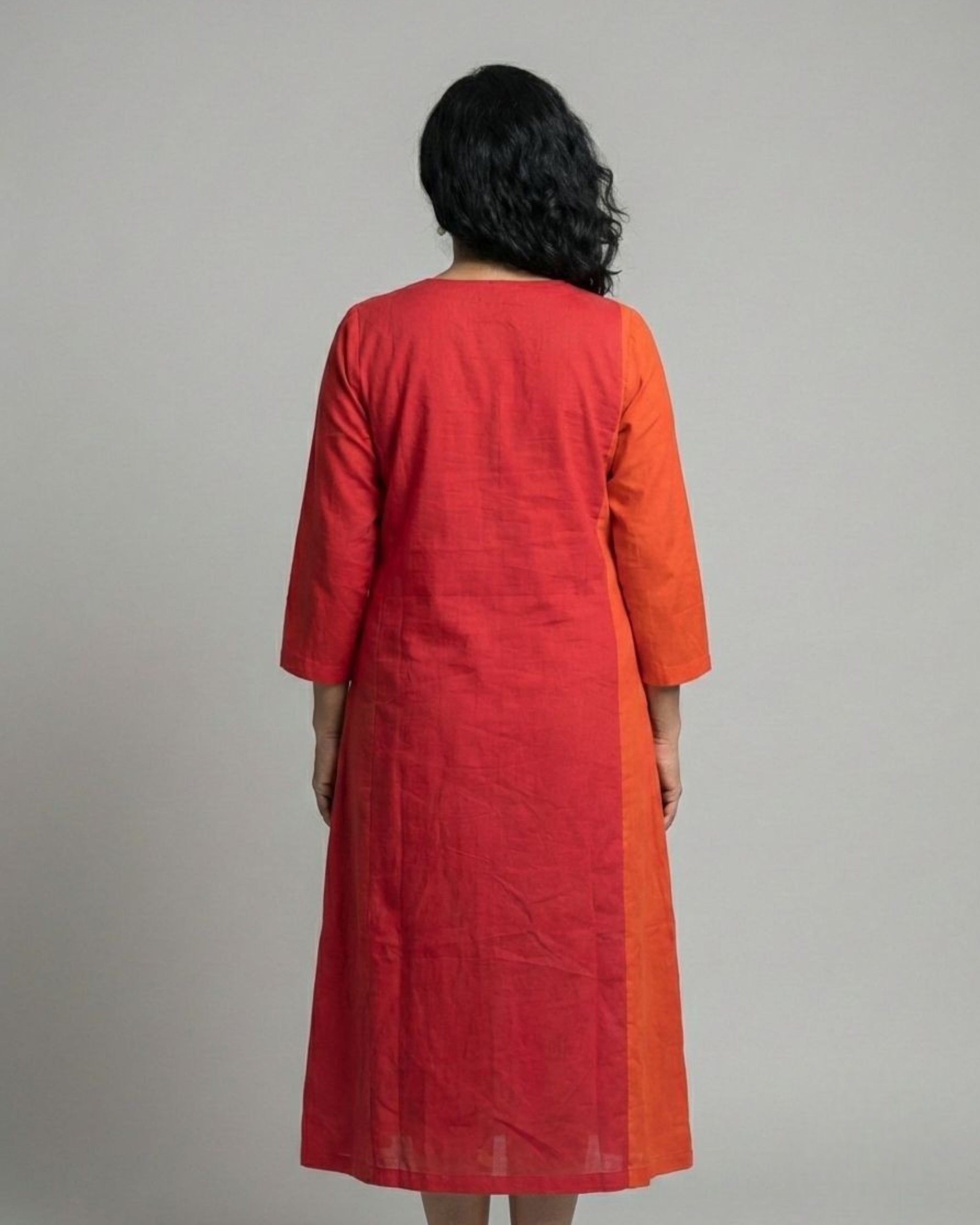 Terracotta ColorBlock Midi Flared Dress – Red & Rust