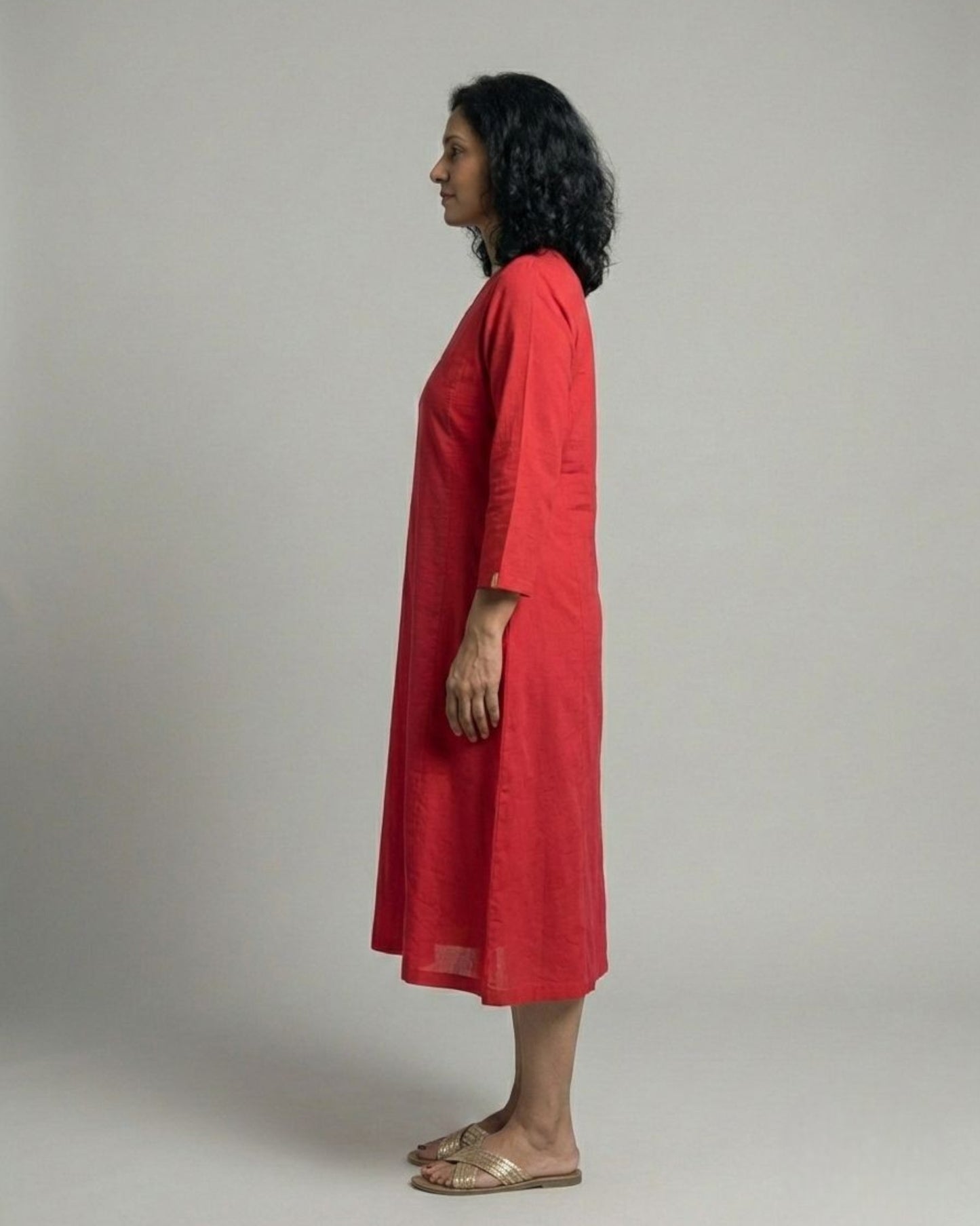 Terracotta ColorBlock Midi Flared Dress – Red & Rust