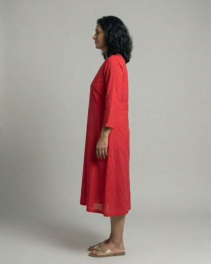 Terracotta ColorBlock Midi Flared Dress – Red & Rust