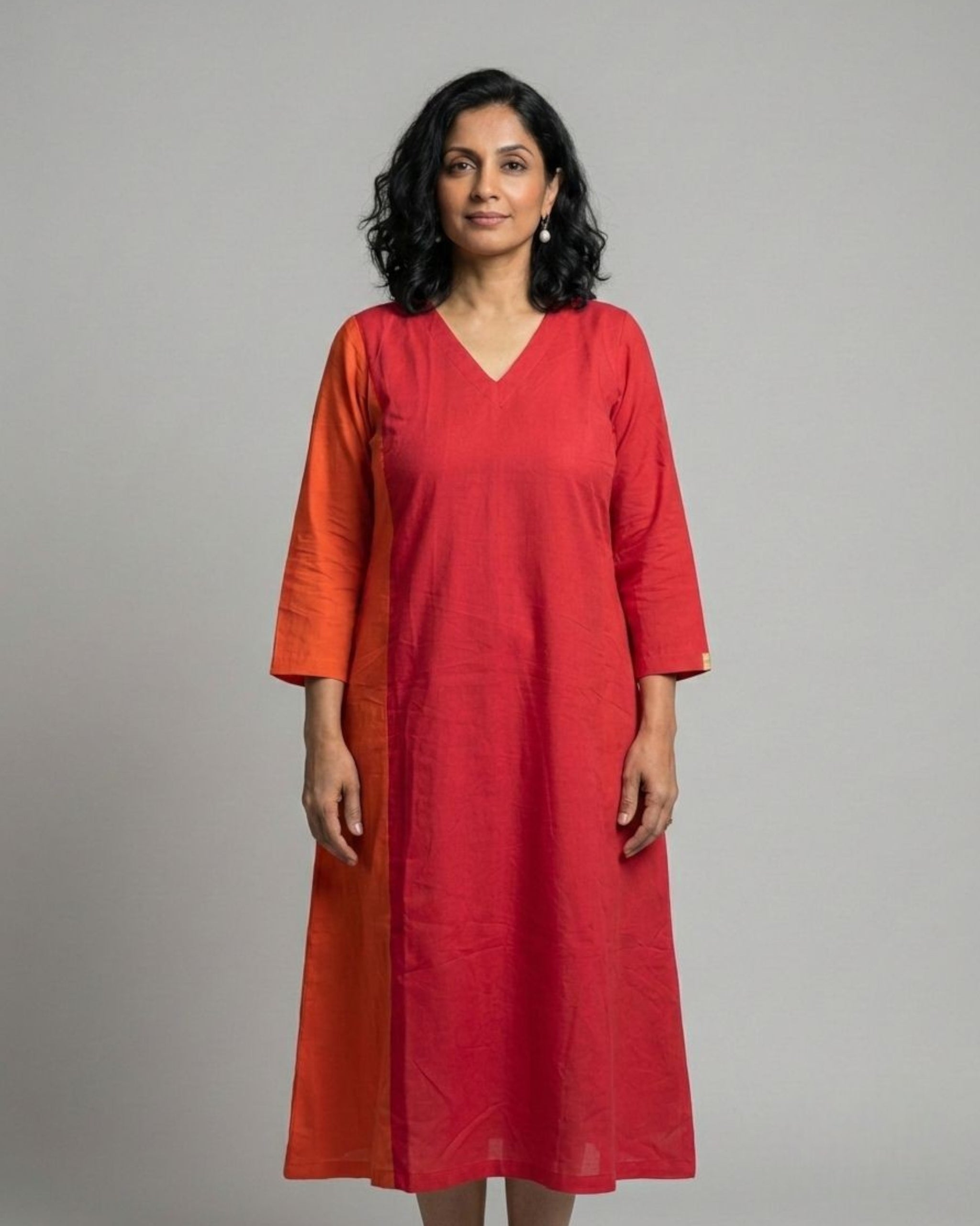 Terracotta ColorBlock Midi Flared Dress – Red & Rust
