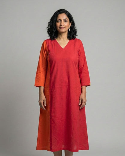 Terracotta ColorBlock Midi Flared Dress – Red & Rust