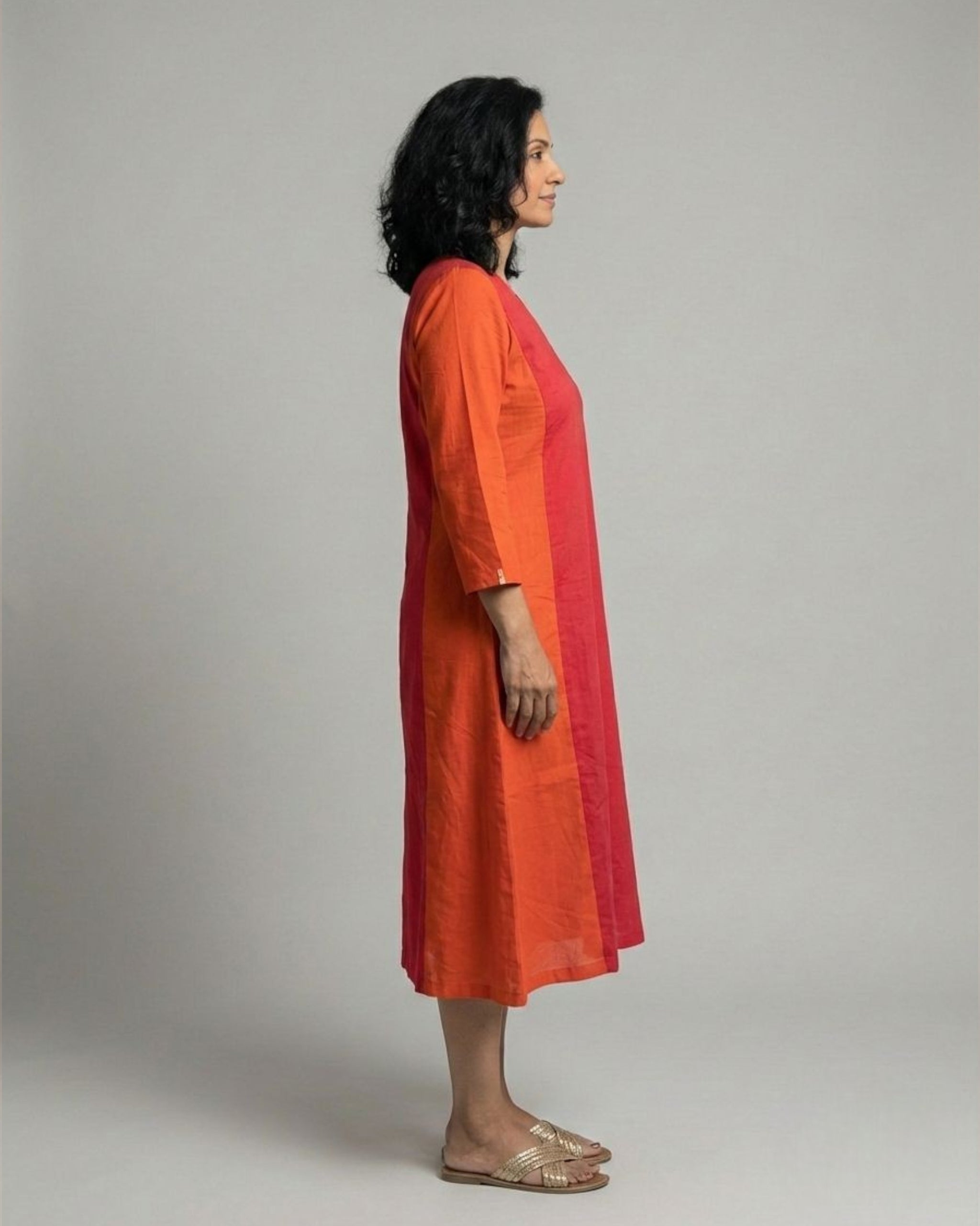 Terracotta ColorBlock Midi Flared Dress – Red & Rust