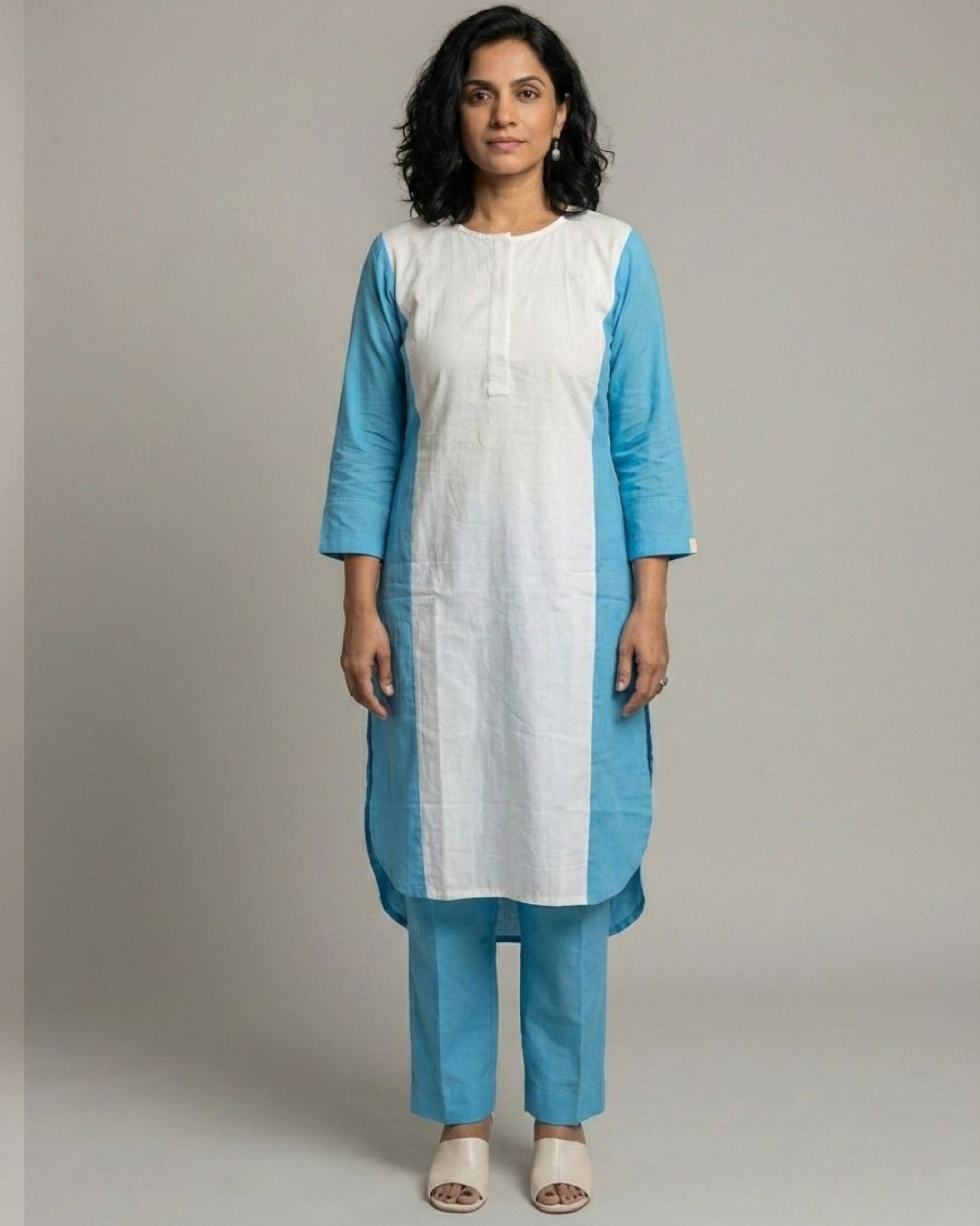 Lagoon ColorBlock Mid-Length Cotton Coord Set - White & Cyan
