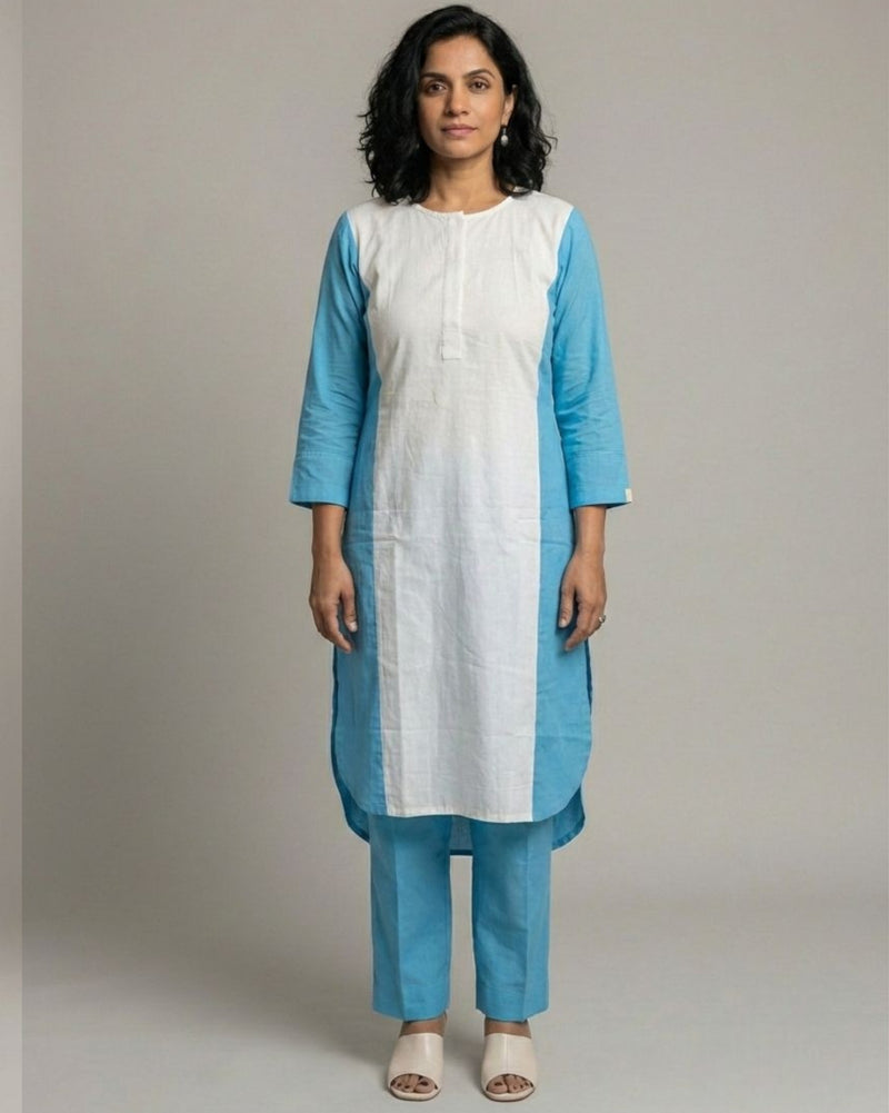 Lagoon ColorBlock Mid-Length Cotton Coord Set - White & Cyan