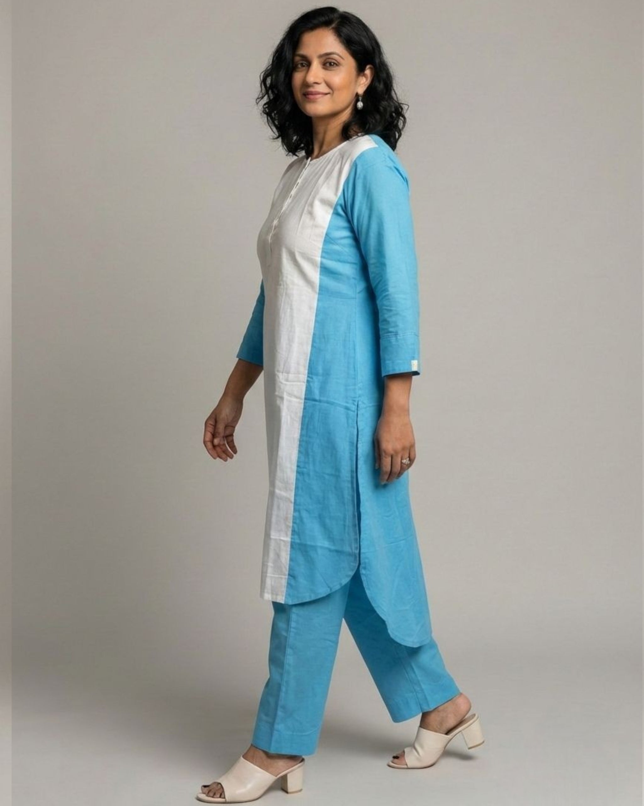 Lagoon ColorBlock Mid-Length Cotton Coord Set - White & Cyan