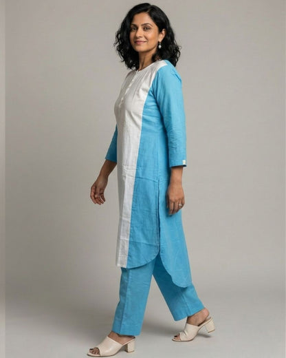 Lagoon ColorBlock Mid-Length Cotton Coord Set - White & Cyan