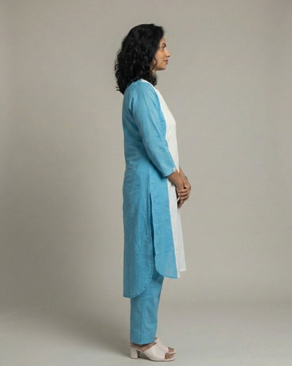 Lagoon ColorBlock Mid-Length Cotton Coord Set - White & Cyan