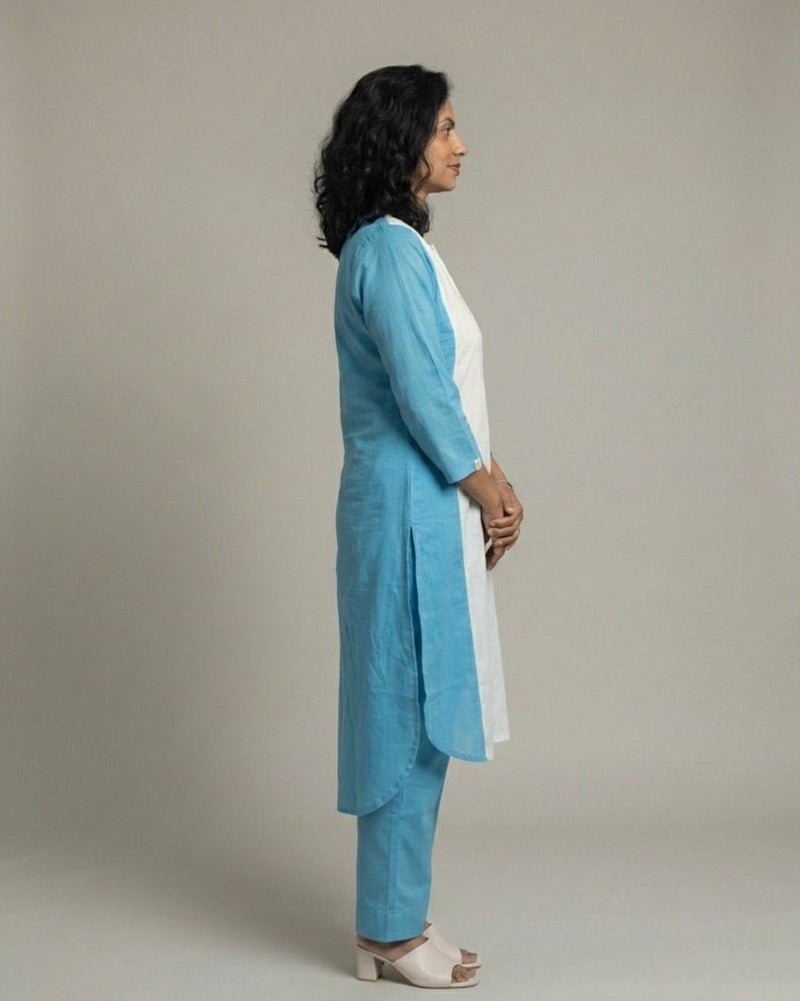 Lagoon ColorBlock Mid-Length Cotton Coord Set - White & Cyan