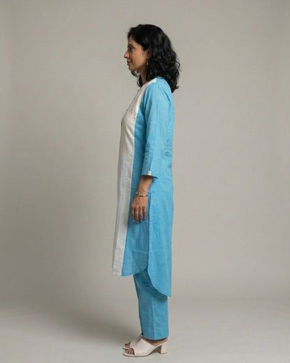Lagoon ColorBlock Mid-Length Cotton Coord Set - White & Cyan