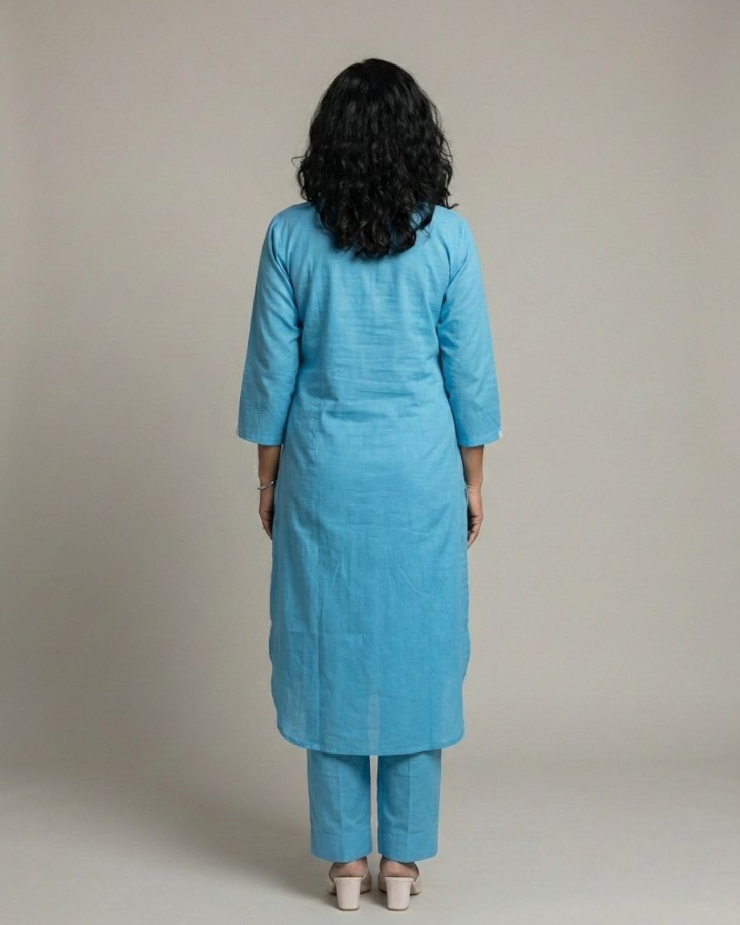 Lagoon ColorBlock Mid-Length Cotton Coord Set - White & Cyan