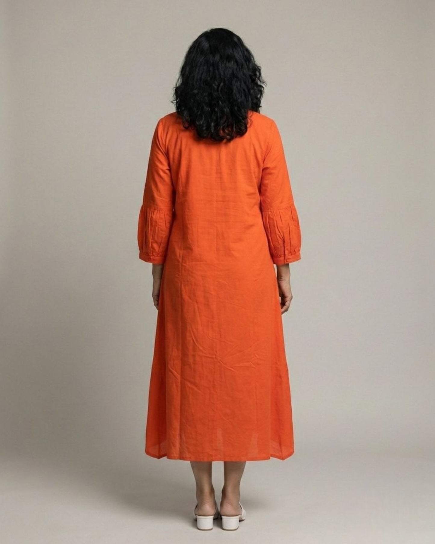 Rustline Midi A-line Cotton Dress - Rust