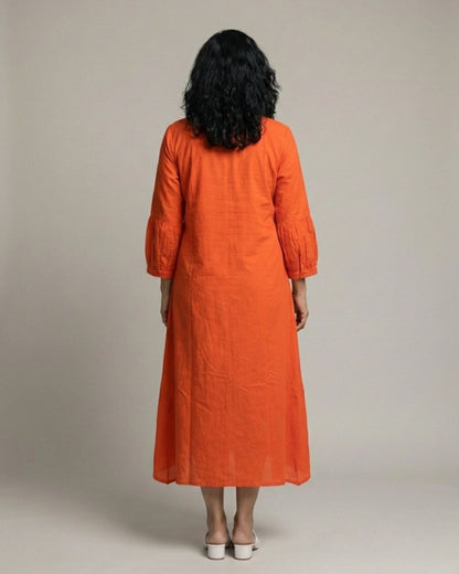 Rustline Midi A-line Cotton Dress - Rust