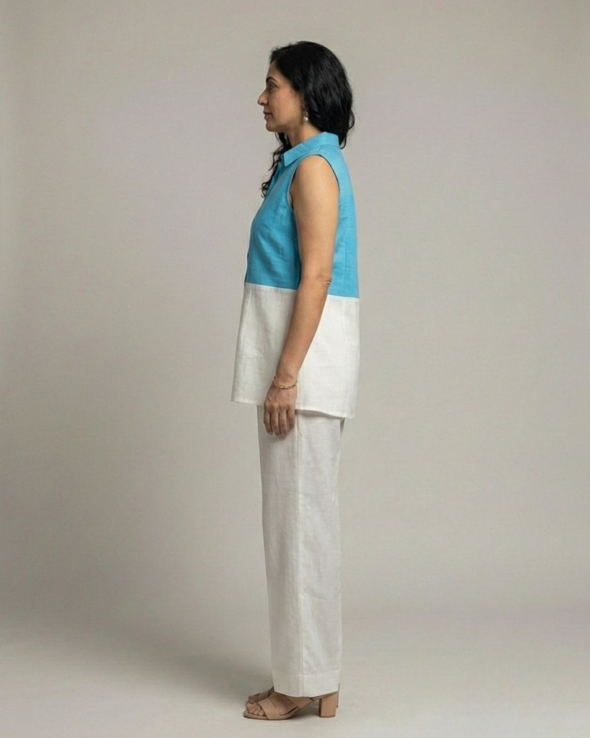 Lagoon ColorBlock Short Sleeveless Cotton Coord Set - White & Cyan