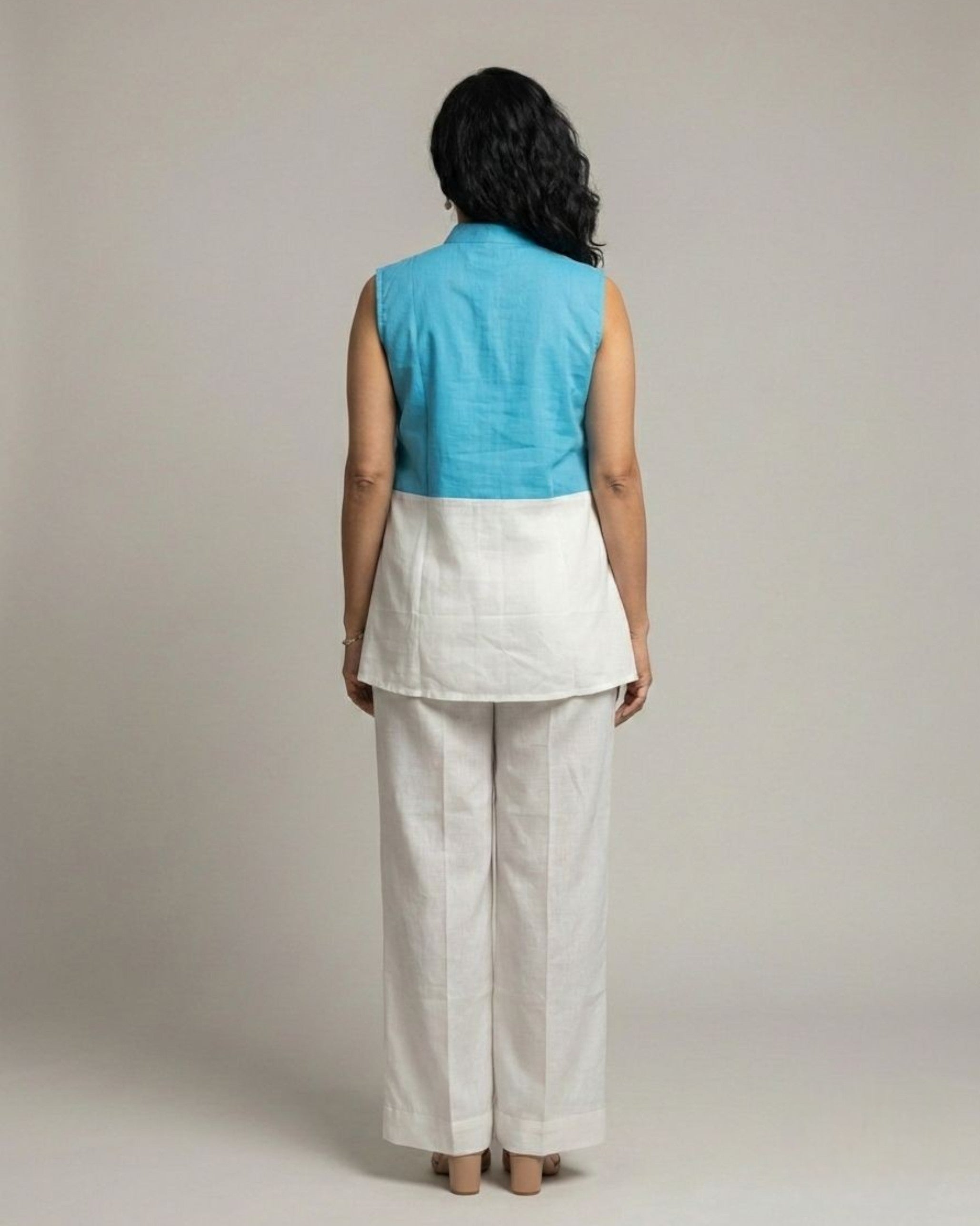 Lagoon ColorBlock Short Sleeveless Cotton Coord Set - White & Cyan