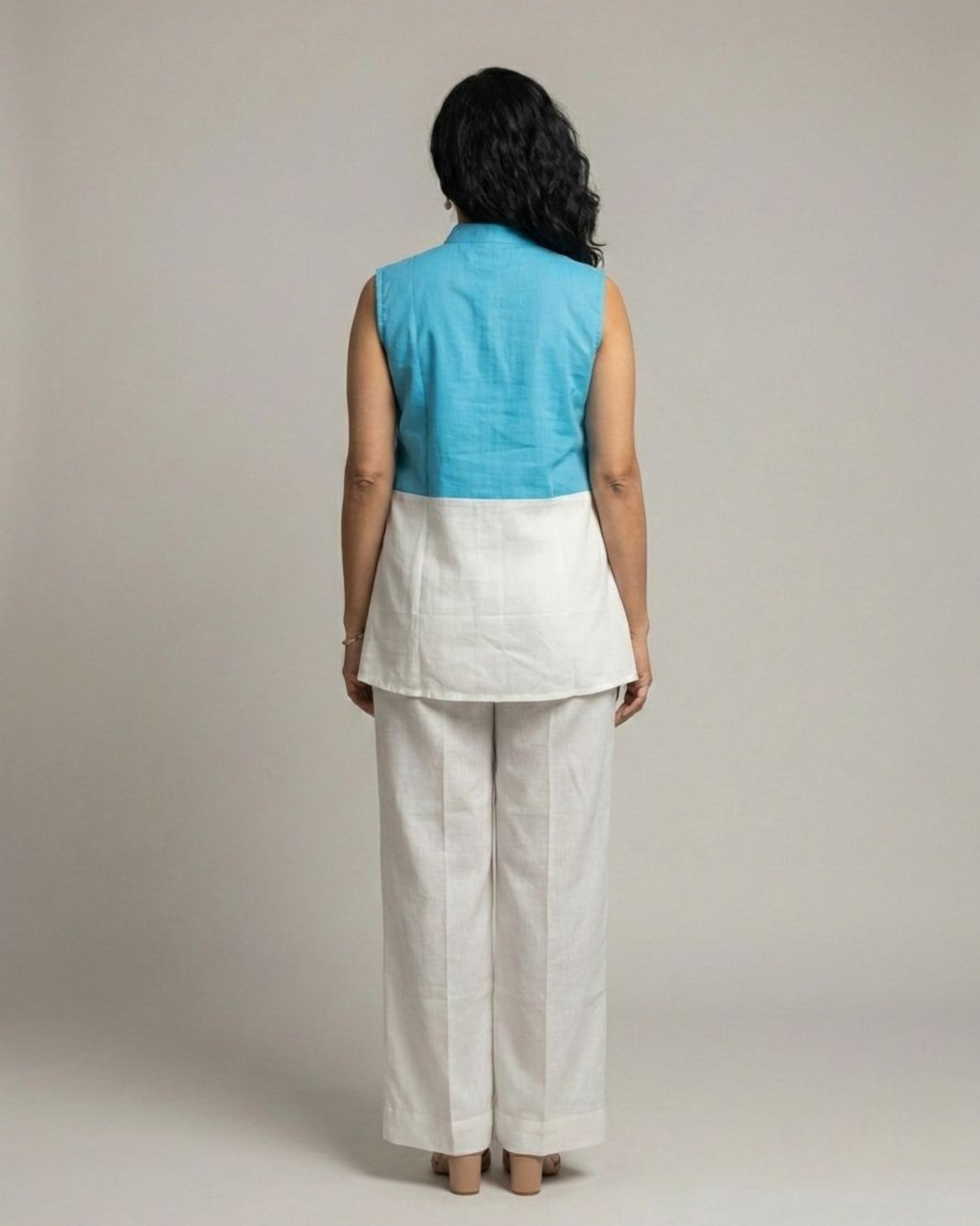 Lagoon ColorBlock Short Sleeveless Cotton Coord Set - White & Cyan