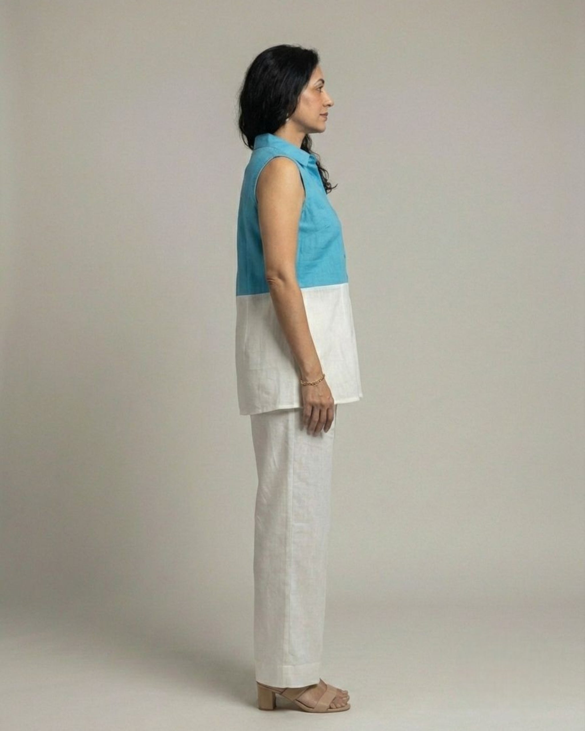 Lagoon ColorBlock Short Sleeveless Cotton Coord Set - White & Cyan