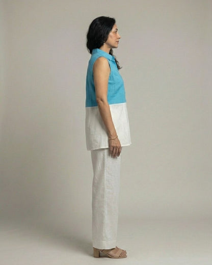 Lagoon ColorBlock Short Sleeveless Cotton Coord Set - White & Cyan