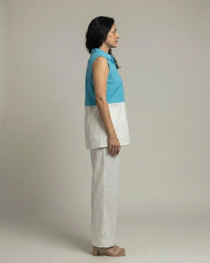 Lagoon ColorBlock Short Sleeveless Cotton Coord Set - White & Cyan