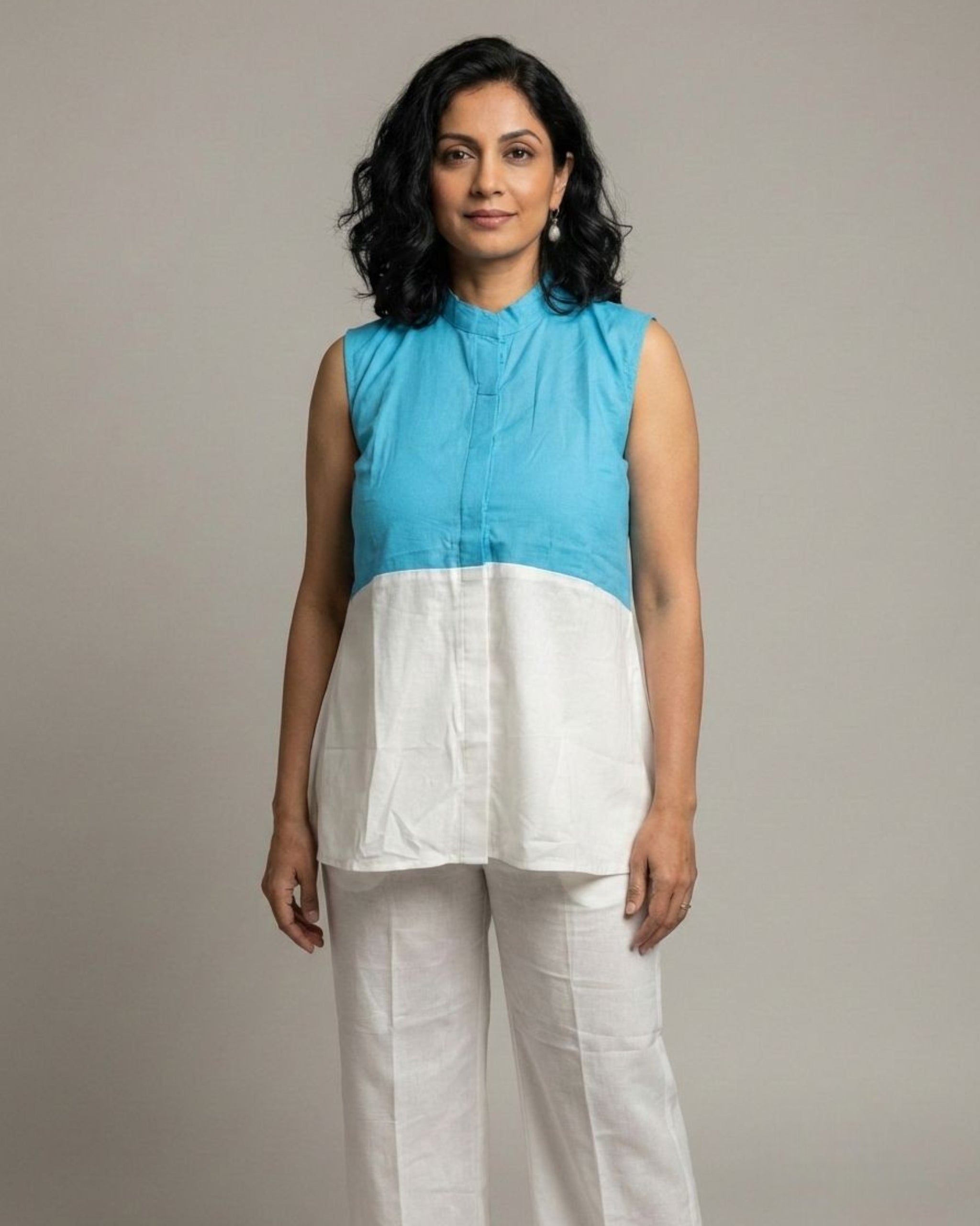 Lagoon ColorBlock Short Sleeveless Cotton Coord Set - White & Cyan