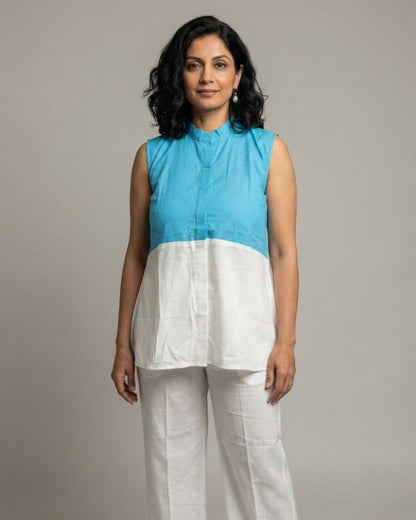 Lagoon ColorBlock Short Sleeveless Cotton Coord Set - White & Cyan