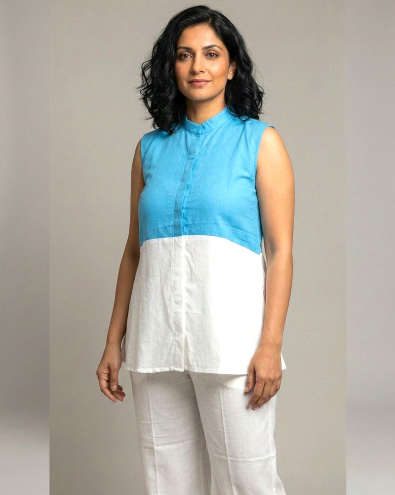 Lagoon ColorBlock Short Sleeveless Cotton Coord Set - White & Cyan