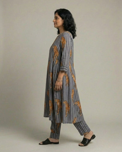 Wildrade Side Pleated Long Cotton Coord Set - Charcoal Tiger Print