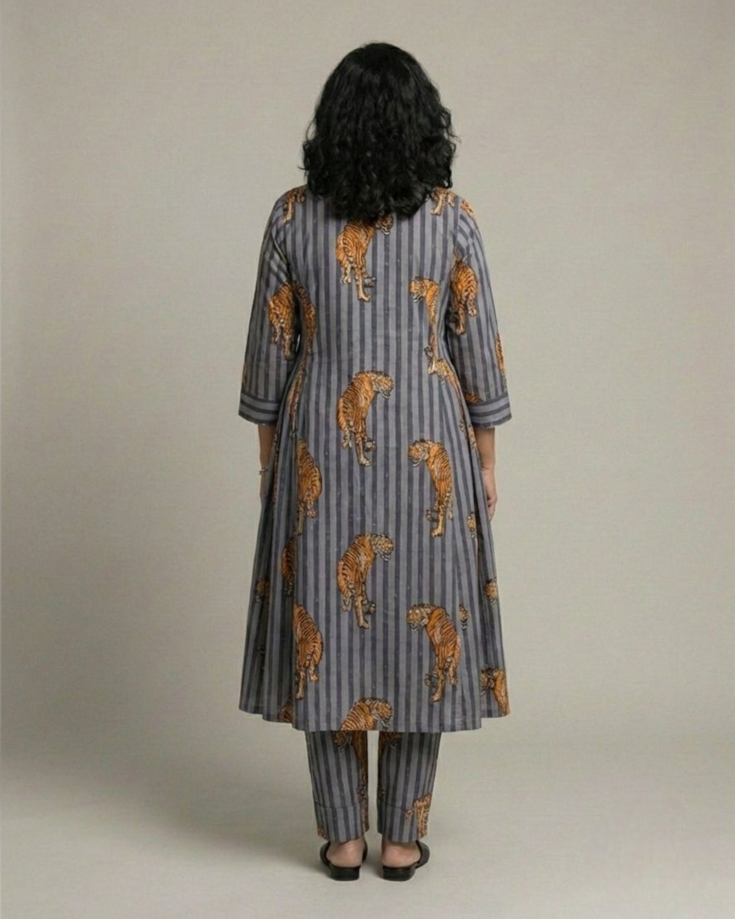 Wildrade Side Pleated Long Cotton Coord Set - Charcoal Tiger Print