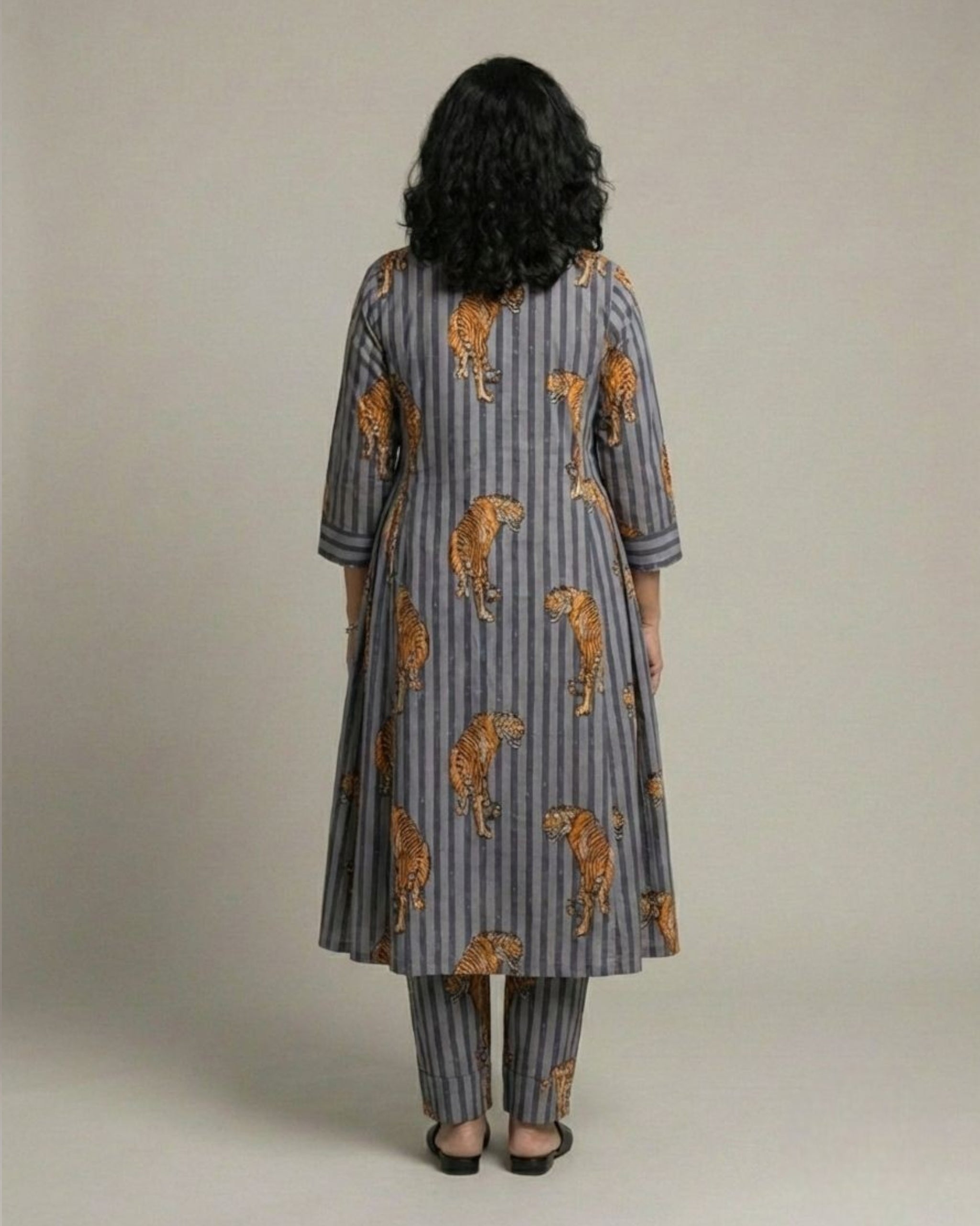 Wildrade Side Pleated Long Cotton Coord Set - Charcoal Tiger Print